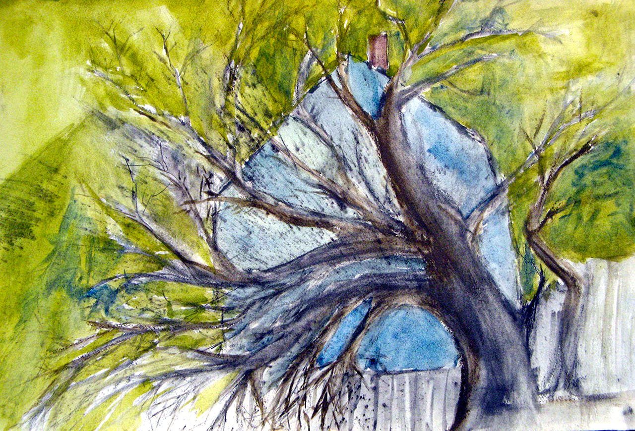 This artwork by Mary Franchini, titled “Blue House,” will be on display this evening during Sequim Art Walk at Blue Whole Gallery, 129 W. Washington St. (Mary Franchini)