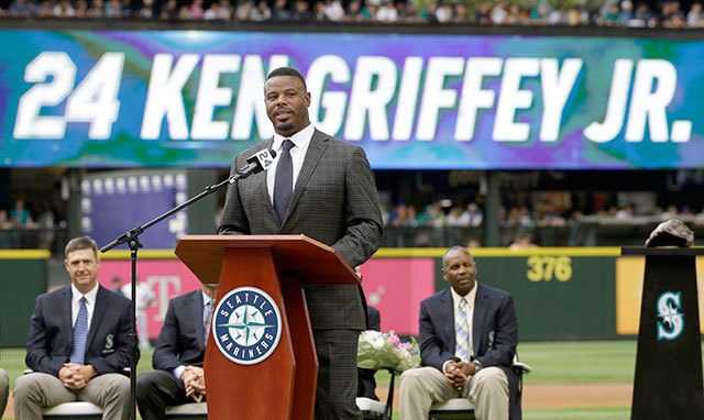 Seattle Mariners Hall-of-Famer Ken Griffey Jr. speaks during a ceremony to retire his number 24, Saturday, Aug. 6, 2016, at Safeco Field in Seattle. (AP Photo/Elaine Thompson)