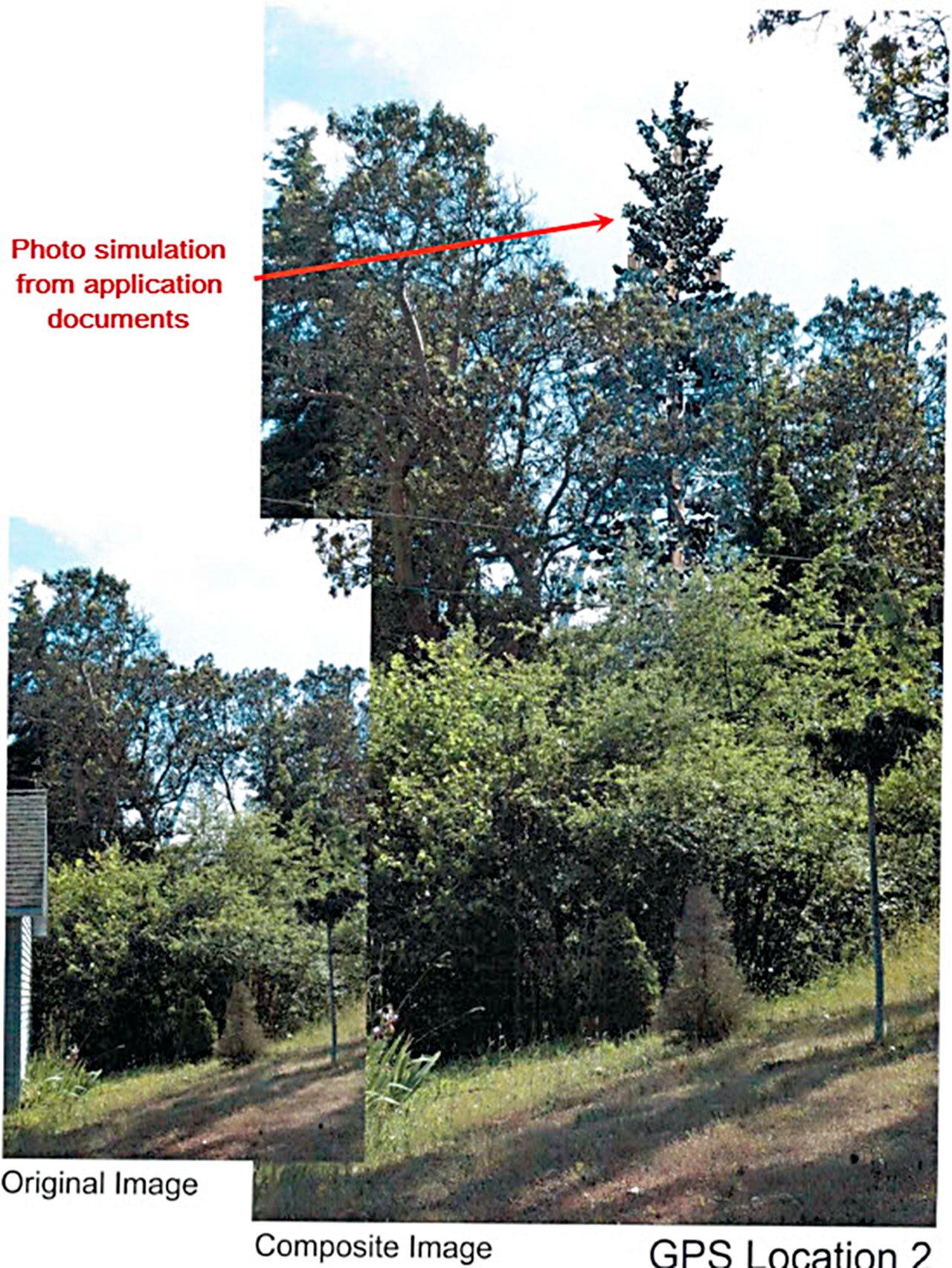 This composite image shows a rendering of what a proposed radio and cellphone tower could look like at the site north of Sequim. (Image courtesy Bryon Gunnerson)