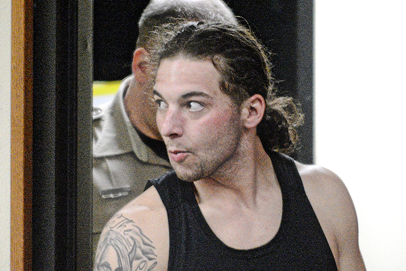 Gerald Neil Walkup of Port Angeles, 26, makes an initial appearance in Clallam County Superior Court Monday. (Jesse Major/PeninsulaDailyNews)