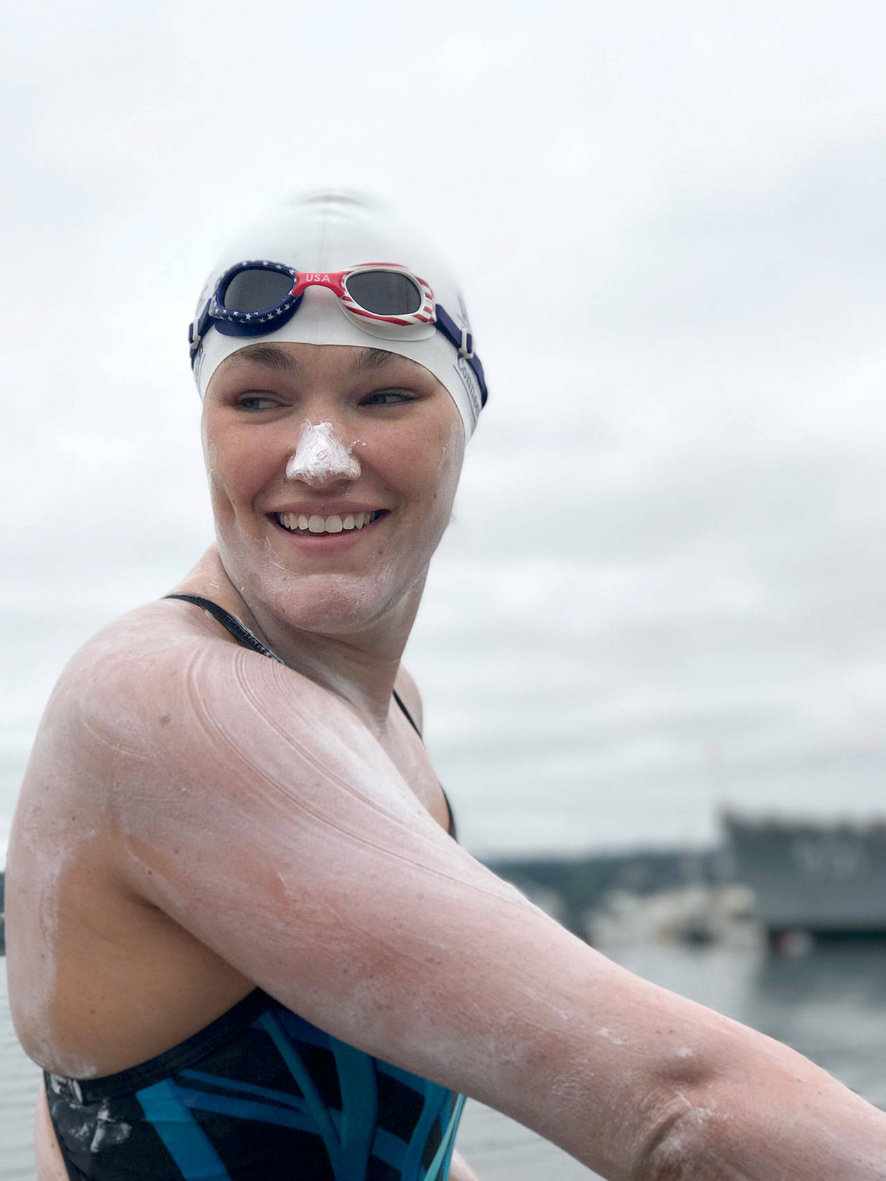 Melissa Blaustein of San Francisco, 29, will attempt to swim across the Strait of Juan de Fuca on Saturday morning, weather permitting. In June, she completed the Amy Hiland Swim between Bremerton and Alki Beach. This photo was taken before the swim. (Melissa Blaustein)