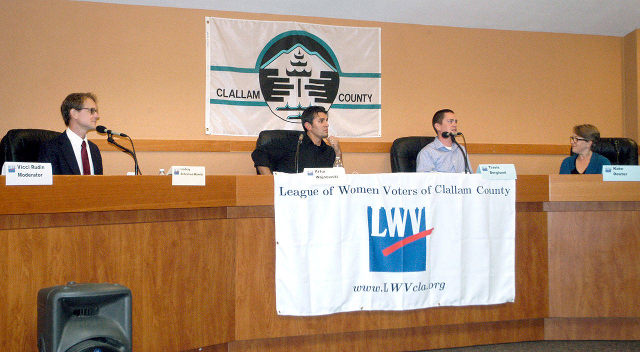 Port Angeles City Council candidates are shown before a League of Women Voters forum at the Clallam County Courthouse: Lindsey Schromen-Wawrin, Artur Wojnowski, Travis Berglund and Kate Dexter, from left. (Rob Ollikainen/Peninsula Daily News)