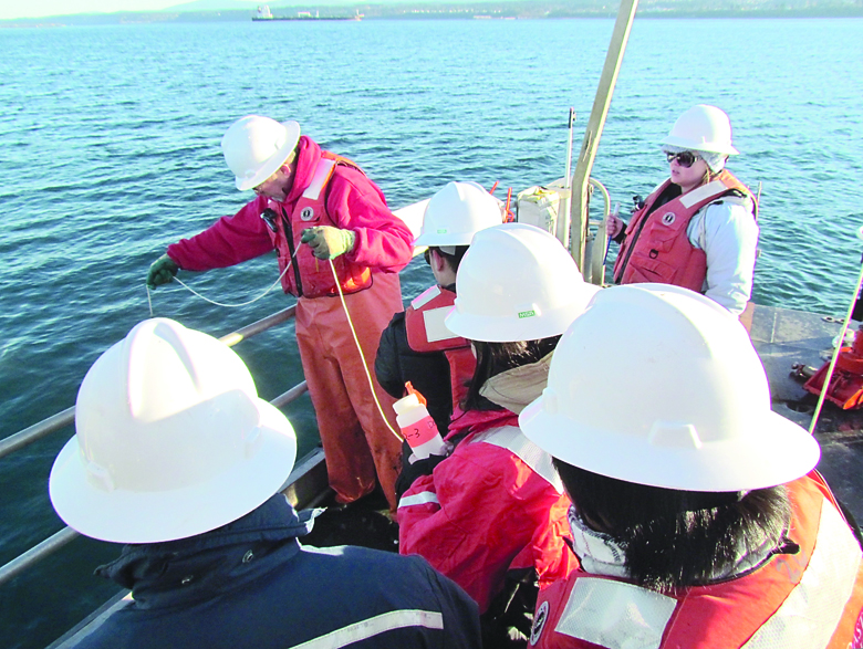 Rick Fletcher (holding rope) of the Olympic Coast National Marine Sanctuary shows how to collect water samples during a Peninsula College class trip into Port Angeles Harbor and the surrounding waters during which the basics of oceanographic research were demonstrated. From left are Peninsula College staff member Brad Stone and students Calvin Sha
