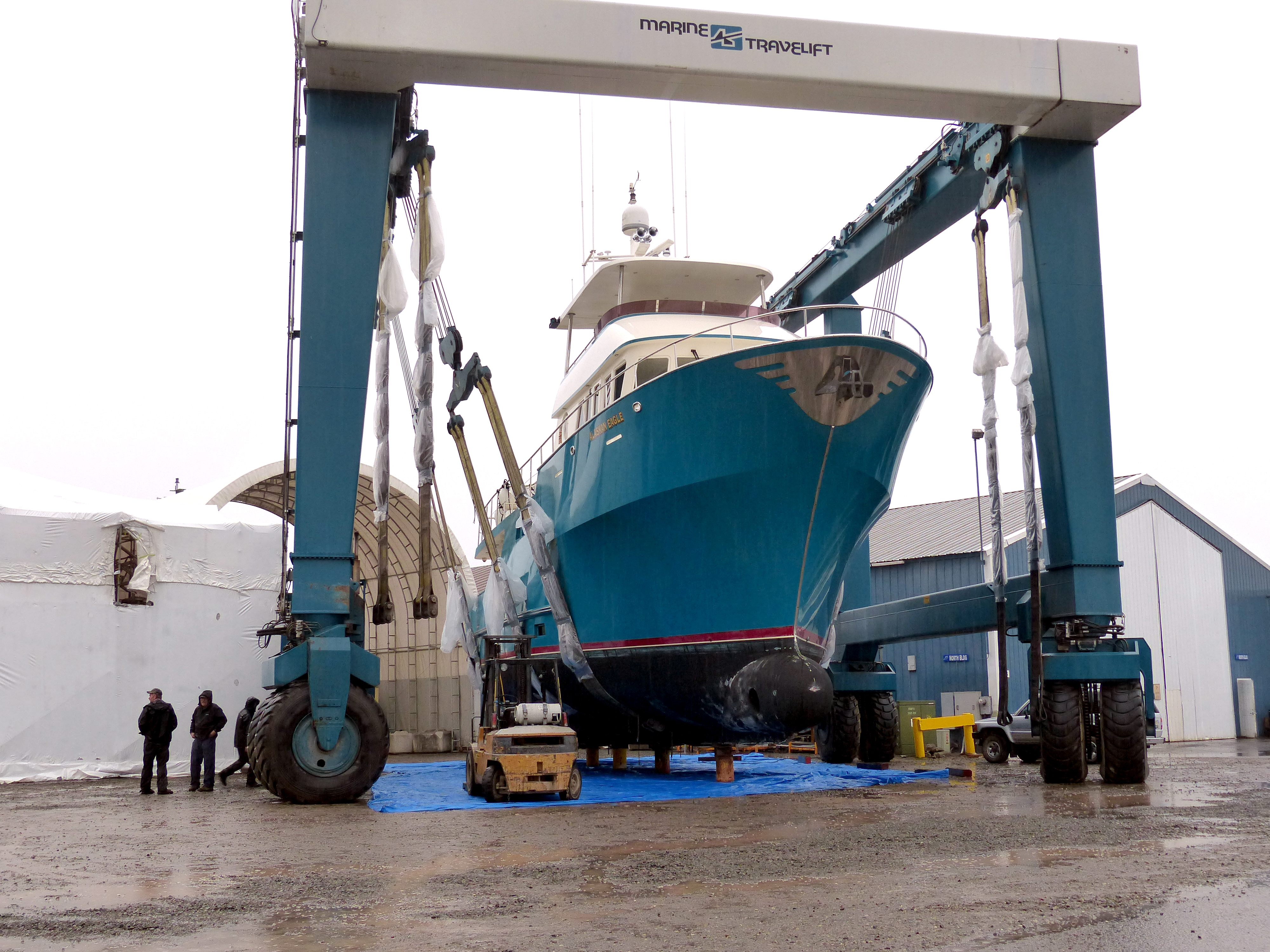 The 77-foot yacht Alaskan Eagle is placed on the hard at Platypus Marine in Port Angeles. David G. Sellars/for Peninsula Daily News