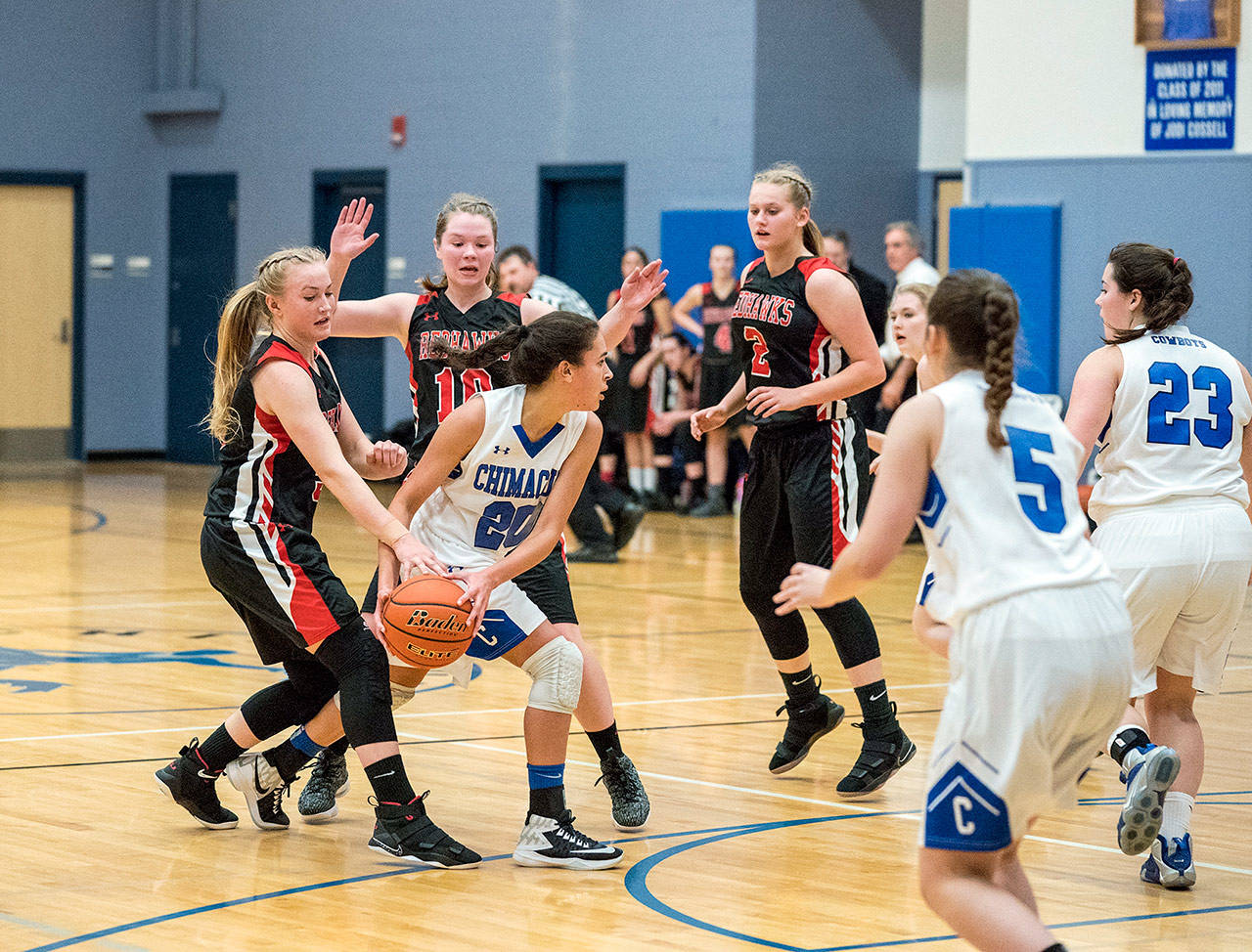 Steve Mullensky/for Peninsula Daily News Port Townsend’s Kaitlyn Meek, left, tries to steal the ball away from Chimacum’s Mia McNair during a Friday night game in Chimacum.