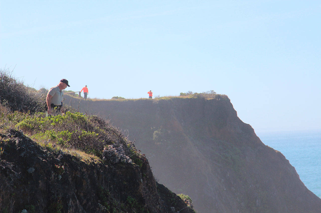 Deputy Bill Holcomb looks down the cliff near the crash site near Mendocino, Calif., as search and rescue volunteers scour the area behind him Thursday and resume looking for three children, still missing after their parents’ SUV plunged into the ocean. (Kale Williams/The Oregonian via AP)