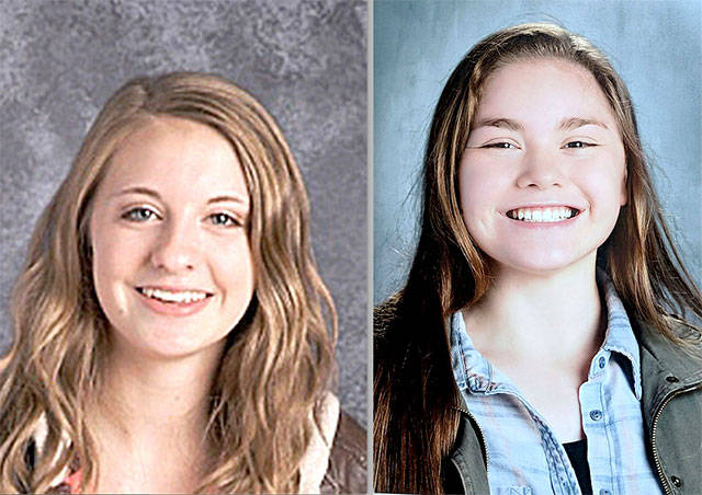 Miriam Wonderly, left, and Hannah Olson, right, Clallam Bay track and field