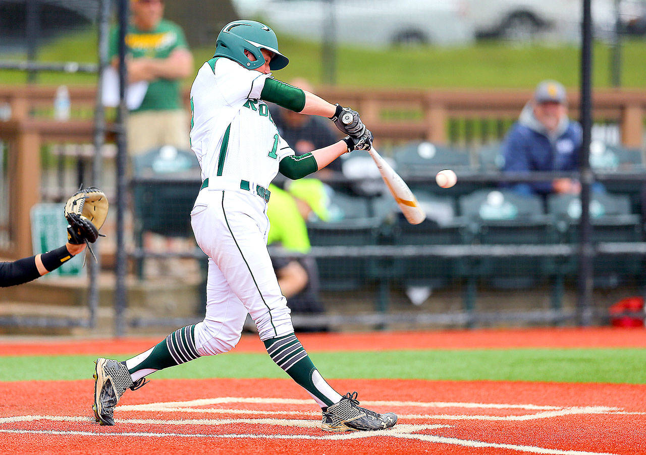 Port Angeles’ Ethan Flodstrom hits a long triple against Mountlake Terrace in the Riders’ 5-2 loss at the 2A State Tournament in Bellingham. (David Willoughby/for Peninsula Daily News)