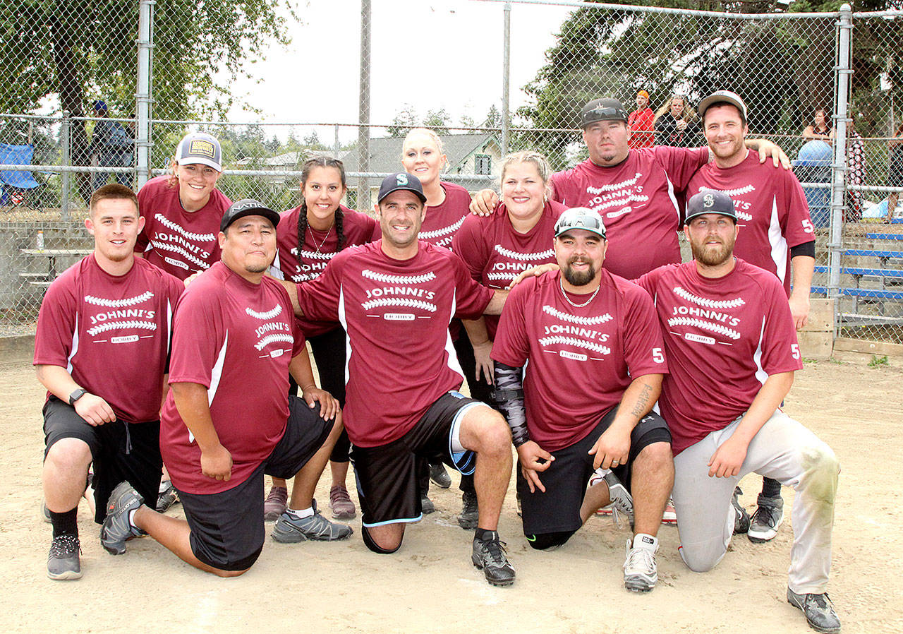 The fourth annual Camille Frazier Memorial Slowpitch Coed Baseball Tournament was held at Shane Park this past weekend. The two-day tournament with 14 teams from as far away as Port Townsend and Bellingham played in gold and silver divisions. Johnni’s Hobby from Port Angeles won the Gold division with a come-from-behind walk-off grand slam by Spencer Middleton with two outs in the bottom of hte seventh to beat Arrow Lumber and Hardware of Port Townsend 19-17. Johnni’s are from left, back row, MacKenzie Gish, Taya Black Crow, Keli Larson, Kristin Doherty, Jeremiah Harrelson and Perry Knudson. From left, front, are Kyle Rosander, George Blackcrow, Colin Anderson, Derek Sanderson and Middleton. (Dave Logan/for Peninsula Daily News)