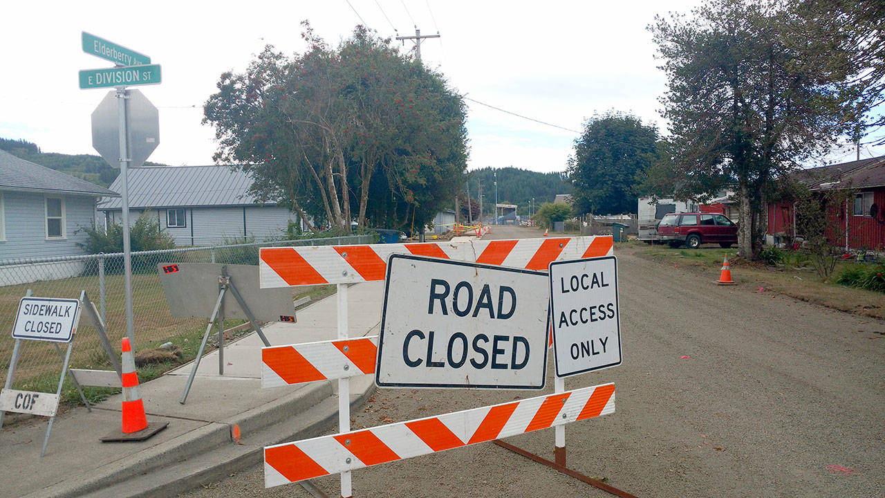 The view down South Elderberry Avenue in Forks. This is a main access road for the football field and multiple school buildings. The unpaved surface is not part of the plan to begin the new school year. (Zorina Barker/for Peninsula Daily News)