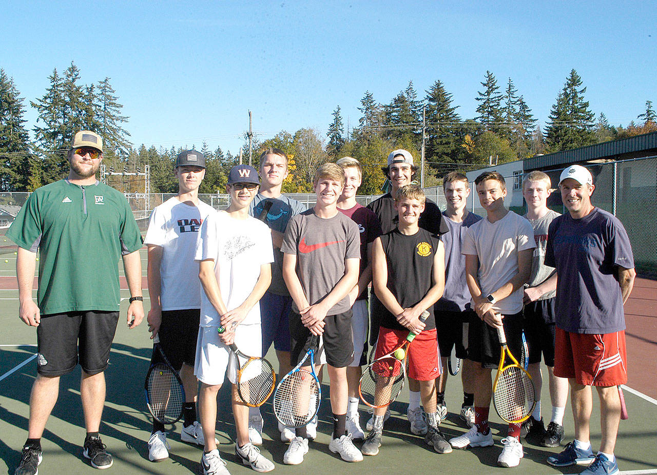 Pierre LaBossiere/Peninsula Daily News The Port Angeles tennis team features a ton of high school and Wilder baseball players. From left, front row are Landon Seibel, Wyatt Hall, Dan Basden, and Kyler Tourbin. From left, back row are, JV coach Karl Myers, Jaden Siebel, Lucas Jarnigan, Hayden Woods, Bo Bradow, Milo Whitman, Brady Nickerson and head tennis coach Brian Gunderson.                                Pierre LaBossiere/Peninsula Daily News The Port Angeles tennis team features a ton of high school and Wilder baseball players. From left, front row are Landon Seibel, Wyatt Hall, Dan Basden, and Kyler Tourbin. From left, back row are, JV coach Karl Myers, Jaden Siebel, Lucas Jarnigan, Hayden Woods, Bo Bradow, Milo Whitman, Brady Nickerson and head tennis coach Brian Gunderson.