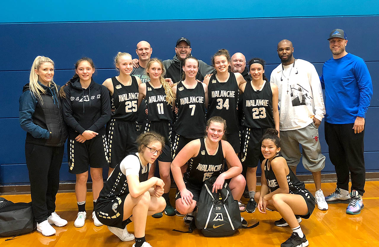 The Olympic Avalanche Black AAU girls basketball team tuned up for the upcoming high school season with a 3-1 finish at the Bounce Back Tournament last weekend in Auburn. The Avalanche’s lone loss came to eventual champion Glacier Peak Blue. Team members, supporters, parents and coaches are, front row, from left, Madison Cooke, Myra Walker, Camille Stensgard; middle: Krissy Marvelle, Jada Cargo-Acosta Maggie Ruddell, Millie Long, Mikkiah Brady, Jaida Wood, Laila Greene and back row, Kenton Long, Joe Marvelle, Ed Brady, Lewis Holmes and Matt Sinnes.