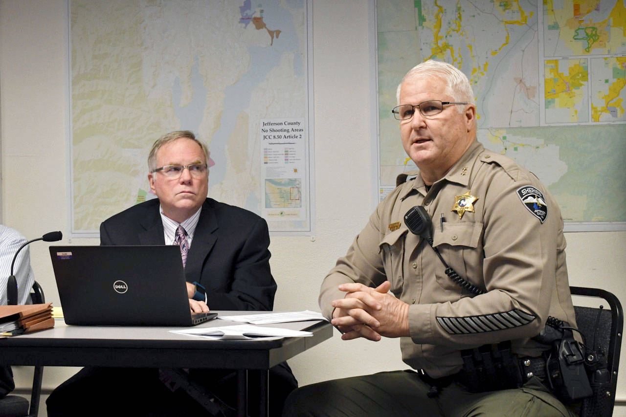 Chief Civil Deputy Prosecuting Attorney Phil Hunsucker and Undersheriff Art Frank presented a draft trespassing ordinance to the Jefferson County Commissioners. The ordinance is a response to concerns about behavior in county buildings, especially towards staff at the courthouse. The ordinance draft will be updated with commissioner and public comments and brought back for review. (Jeannie McMacken/Peninsula Daily News)