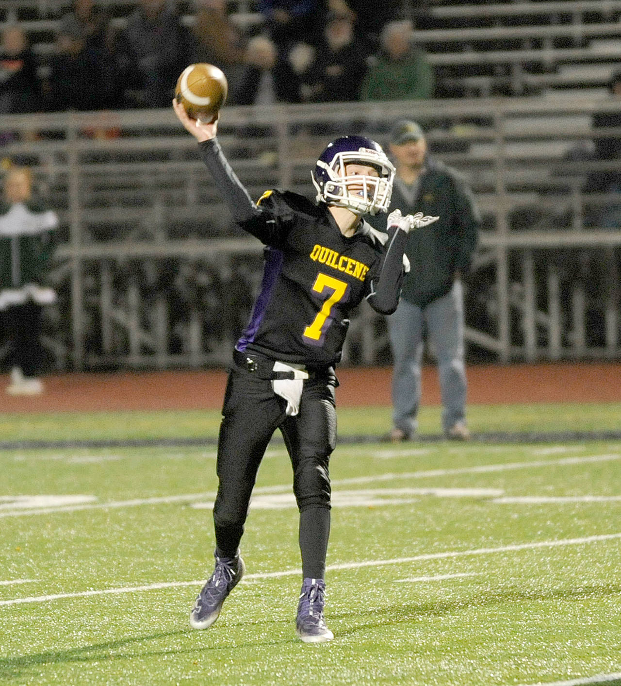 Michael Dashiell/Olympic Peninsula News Group Quilcene’s junior Holdem Elkins throws during a Quad-District playoff win over Darrington last week.