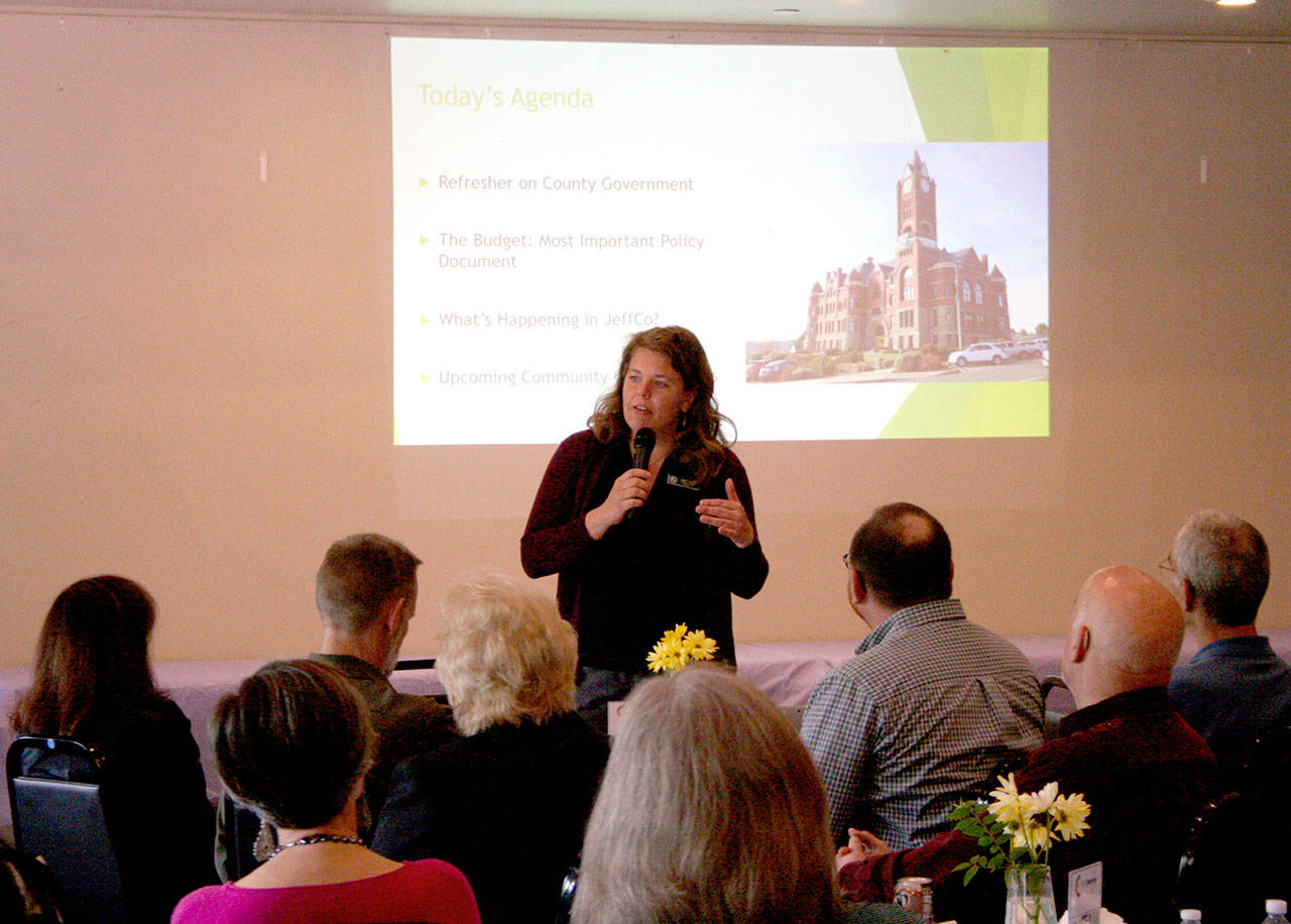Jefferson County Commissioner Kate Dean provides updates Monday on a wide range of economic development pieces during the bimonthly luncheon held by the Chamber of Jefferson County at the Port Townsend Elks Club. (Brian McLean/Peninsula Daily News)