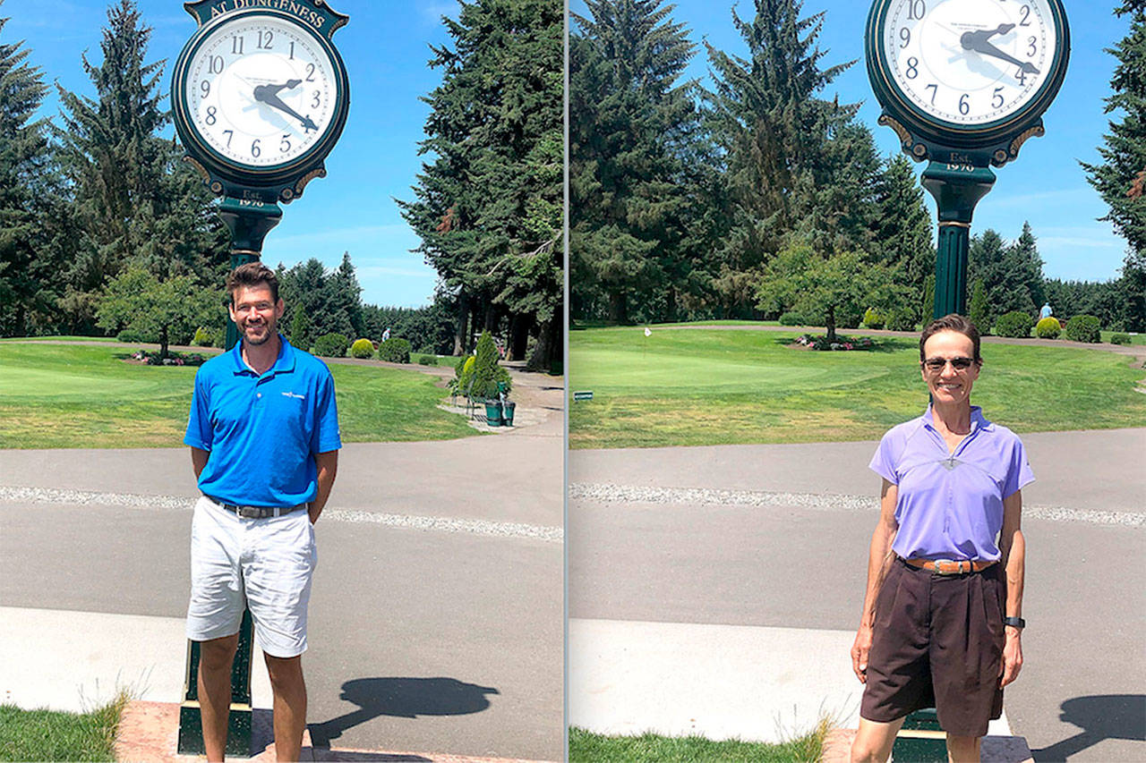 Eric Bower was the winner of the Clallam County Amateur with a three-round score of 222, beating Michael Dupuis by three strokes. Marine Hirschfeld (right) won the net championship with a 206, winning by one stroke over Harry Phillips.
