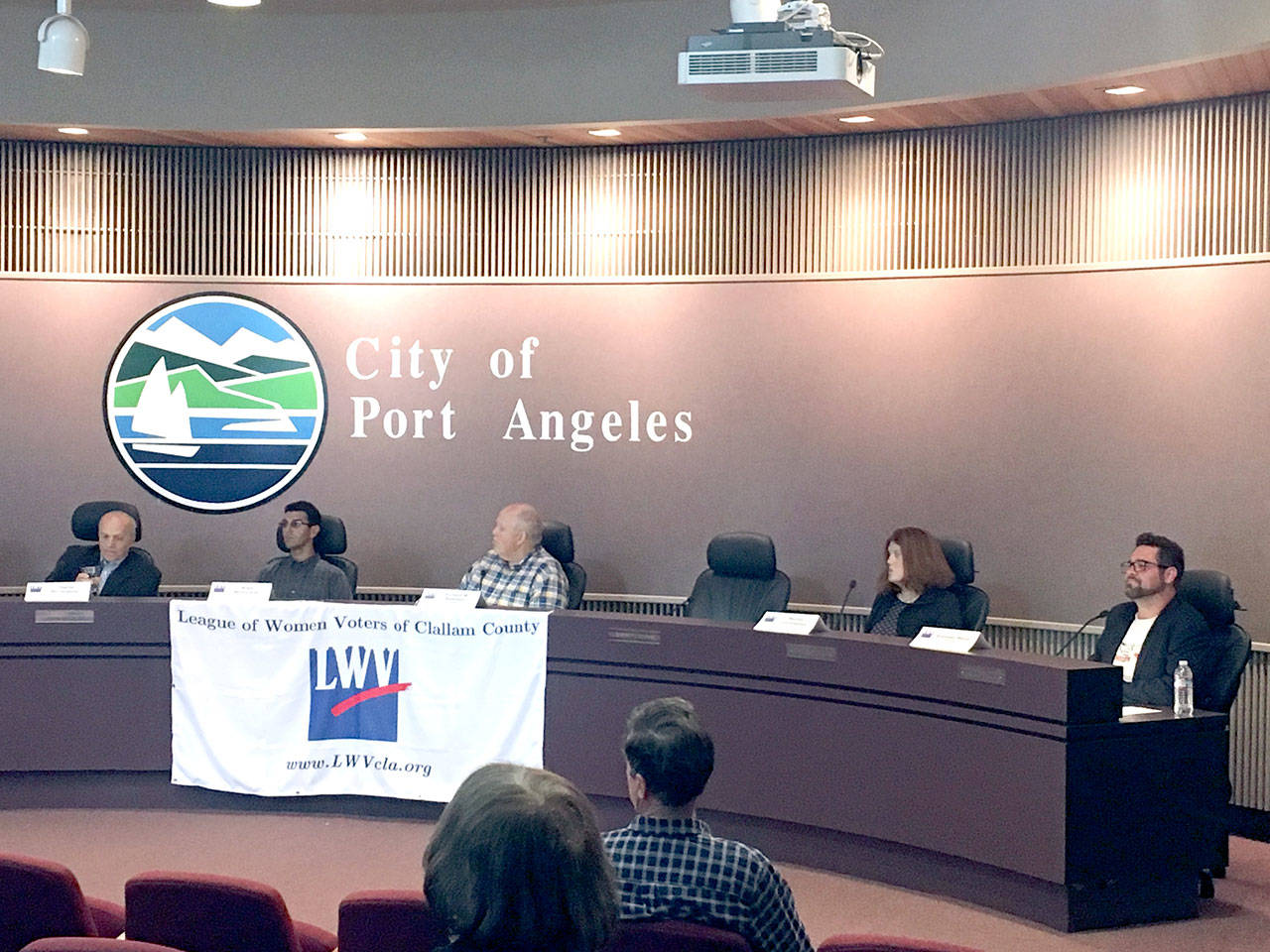 Port Angeles City Council candidates Charlie McCaughan, left, Artur Wojnowski, Richard “Doc” Robinson, Martha Cunningham and Brendan Meyer were featured in a League of Women Voters of Clallam County forum Monday evening at City Hall. (Rob Ollikainen/Peninsula Daily News)