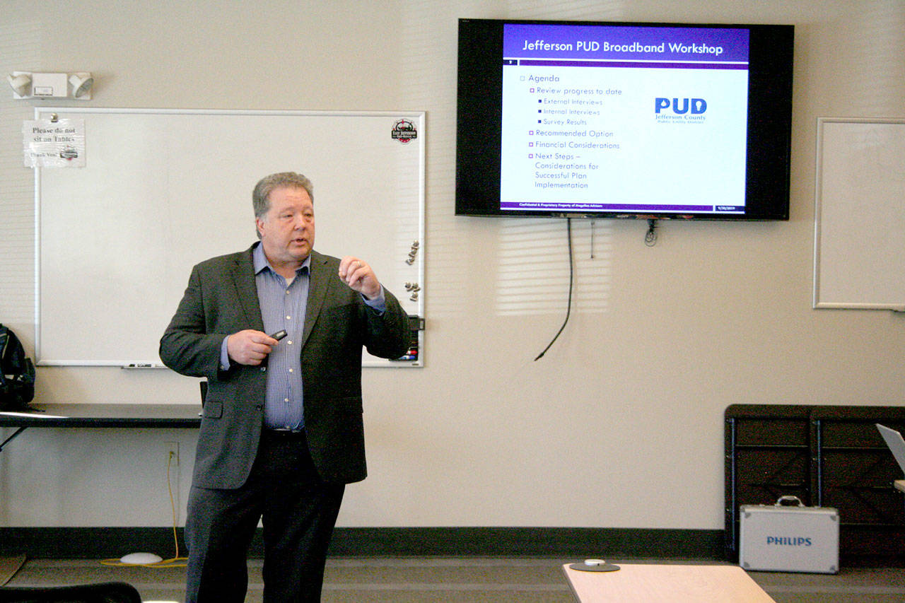 Randy Trost, a senior broadband consultant from Magellan Advisors, presents survey information and two potential options for Jefferson PUD to consider as the utility continues its process in determining how to provide more broadband services to county customers. (Brian McLean/Peninsula Daily News)