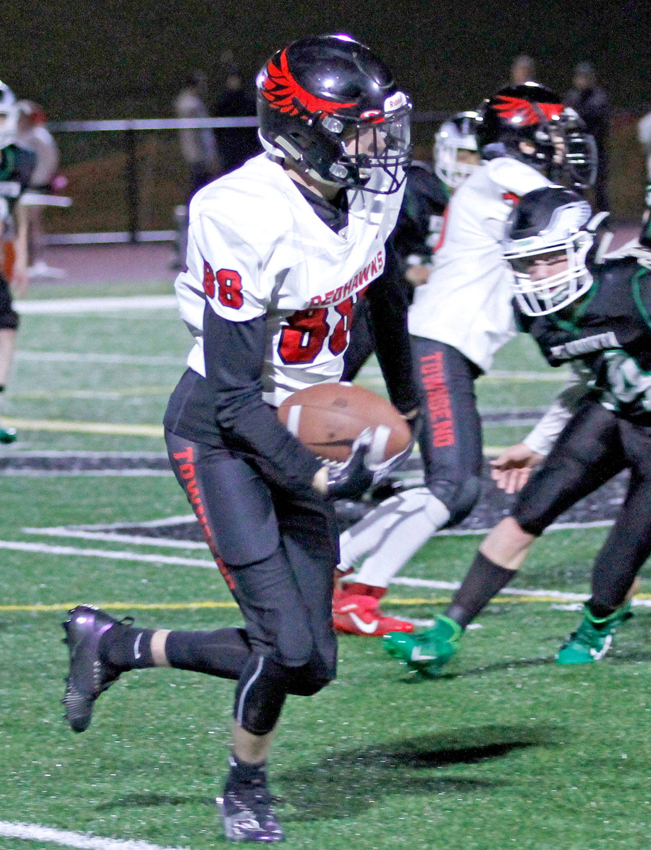 Lisa Jensen Port Townsend’s Murphy Klemann caught a 65-yard touchdown pass from Noa Montoya during the Redhawks’ 51-16 loss to Klahowya on Friday.