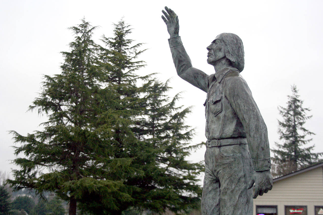 A sculpture of Chief Chetzemoka stands outside the restaurant at the Port Townsend Golf Club, 1948 Blaine St. It is one example of public art in the city. (Brian McLean/Peninsula Daily News)
