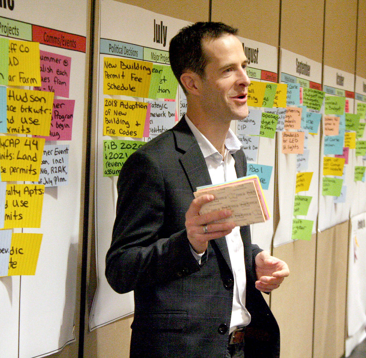 Port Townsend City Manager John Mauro facilitates a Monday afternoon discussion with City Council members and department managers as they work to plan out monthly tasks for 2020 during a day-long retreat at the Fort Worden commons. (Brian McLean/Peninsula Daily News)
