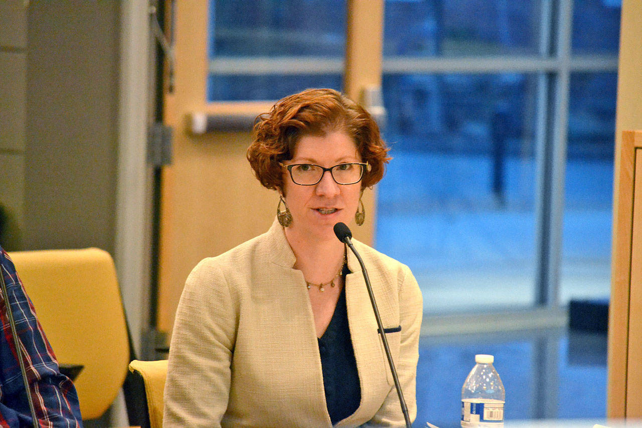 <strong>Matthew Nash</strong>/Olympic Peninsula News Group Jennifer States addresses the Sequim City Council at a question-and-answer session for potential candidates for the vacant seventh council seat in January 2018. States has announced her intention to resign from the council.