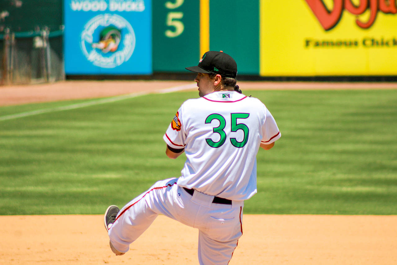 Port Angeles Cole Uvila pitches for the Class A Down East Wood Ducks during the 2019 season. A Texas Rangers minor league prospect, Uvila has been sent home as a result of the coronavirus shutdown. (Down East Wood Ducks)