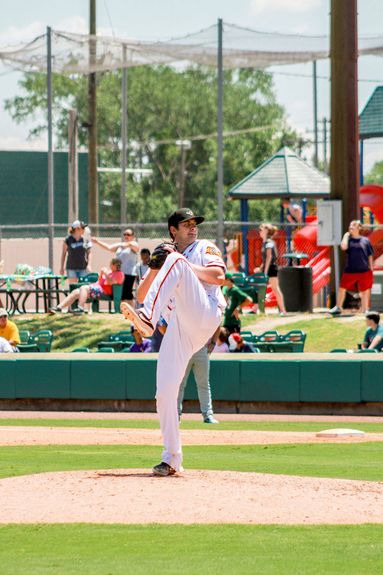 Texas Rangers prospect Cole Uvila prepares to deliver a pitch during a 2019 Down East Wood Ducks baseball game. Uvila has been invited to continue training at the Rangers Village and still has a shot making the team’s 60-man roster for the upcoming MLB season. (Matthew Edwards/Down East Wood Ducks)