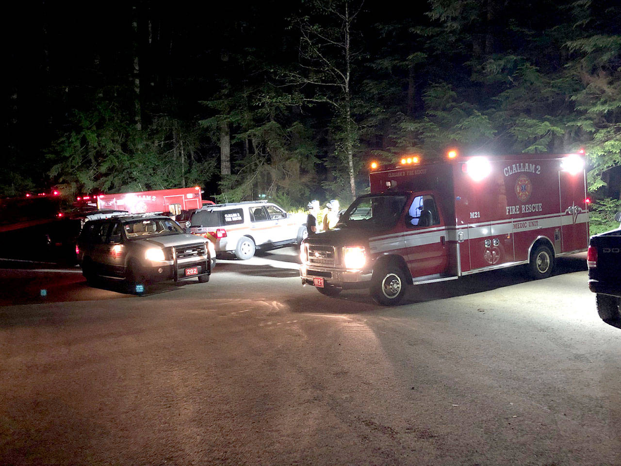 Clallam 2 Fire-Rescue vehicles are staged at the parking lot for the Lake Angeles Trailhead. (Photo courtesy of Clallam 2 Fire-Rescue)
