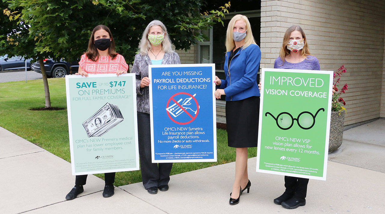 Teaming up to create an award-winning employee awareness poster series are, from left: marketing and communications director Bobby Beeman; marketing and communications coordinator Donna Pacheco; Jennifer Burkhardt, OMC chief human resources officer and general counsel, and HR director Heather Delplain. Not pictured is HR business partner Michelle Groves. (Photo courtesy of Olympic Medical Center)