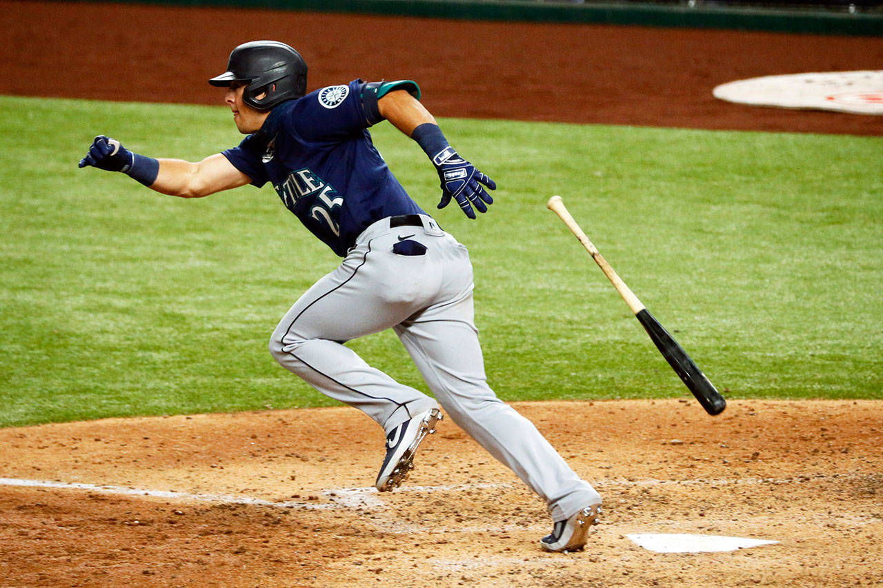 Seattle Mariners’ Dylan Moore runs to first base during a baseball game against the Texas Rangers in Arlington, Texas, on Tuesday, Aug. 11, 2020. Rangers won 4-2. (Ray Carlin/Associated Press)