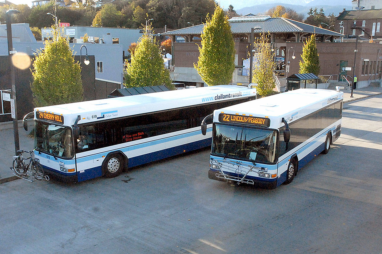 A Clallam Transit bus departs from The Gateway transit center on Saturday morning in Port Angeles. (Keith Thorpe/Peninsula Daily News)