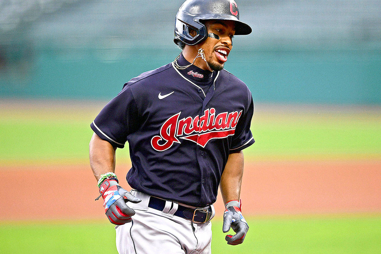 In this July 10, 2020, file photo, Cleveland Indians’ Francisco Lindor runs the bases after hitting a home run during a simulated game at Progressive Field in Cleveland. The Indians are changing their name after 105 years, a person familiar with the decision told The Associated Press on Sunday, Dec. 13, 2020. After months of internal discussion prompted by public pressure and a national movement to remove racist names and symbols, the team is moving away from the name it has been called since 1915, said the person who spoke on condition of anonymity because the team has not revealed its plans. (David Dermer/Associated Press file)