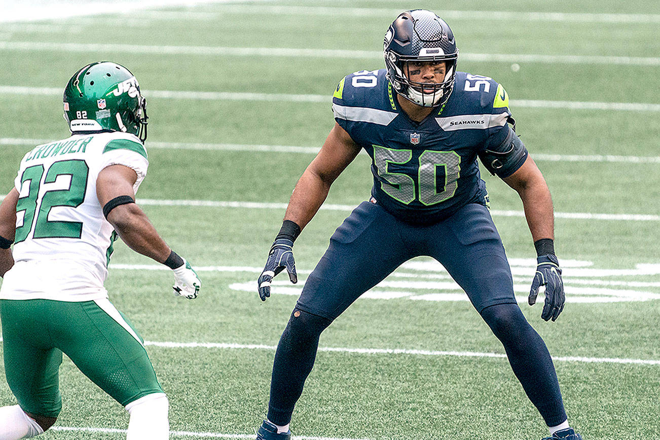 Seattle Seahawks linebacker K.J. Wright is pictured during the first half of an NFL football game against the New York Jets, Sunday, Dec. 13, 2020, in Seattle. The Seahawks won 40-3. (AP Photo/Stephen Brashear)