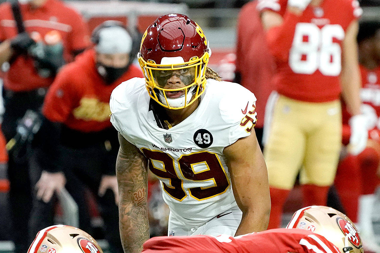Washington rookie defensive end Chase Young during a game against the San Francisco 49ers on Dec. 13, 2020, in Glendale, Ariz. (Rick Scuteri /The Associated Press)