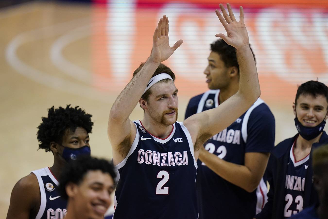 Gonzaga forward Drew Timme (2) walls off the court following their NCAA college basketball game against BYU Monday, Feb. 8, 2021, in Provo, Utah. (AP Photo/Rick Bowmer)