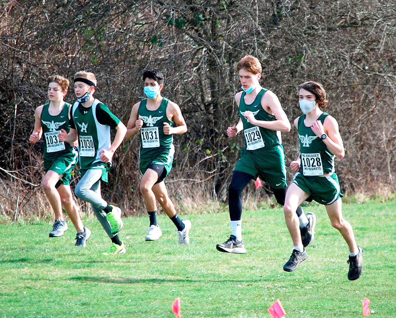Port Angeles High School Port Angeles cross country runners get off to a team start at Port Townsend on Saturday. From left, are Jayden McLarty, Reid Schmidt, Brian Guttormsen, Jason Gladfelter and Kowen Kasten.