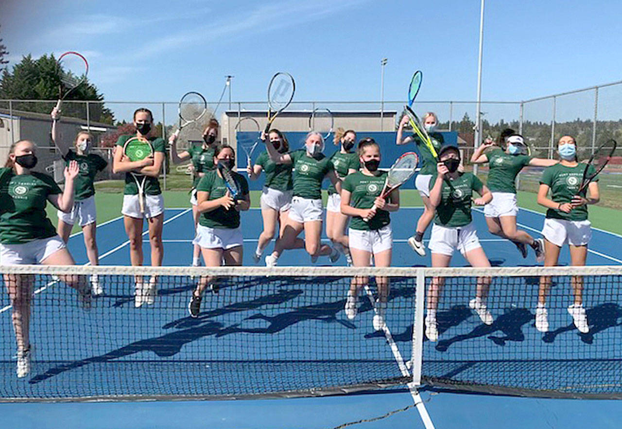 Port Angeles varsity tennis players celebrate their 8-0 start on the season: Kinnley Brady, Holly Jones, Hannah Reetz, Brielle Keywood, Ellie Getchell, Emma Olsen, Eden Critchfield, Hannah Basden, Reagan Critchfield, Shannon Callahan, Millie Long, Liberty Lauer and Angelina Sprague.