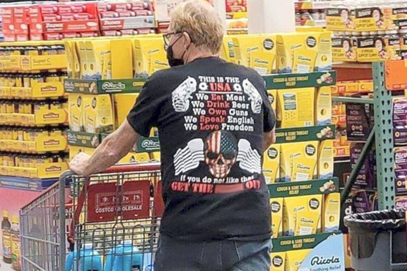 Mayor William Armacost's T-shirt worn during a recent shopping trip has been posted on a variety of Facebook sites. The PDN has blurred a profane word on the shirt. It is not known who took the photo that has prompted many social media comments and letters to the editor.