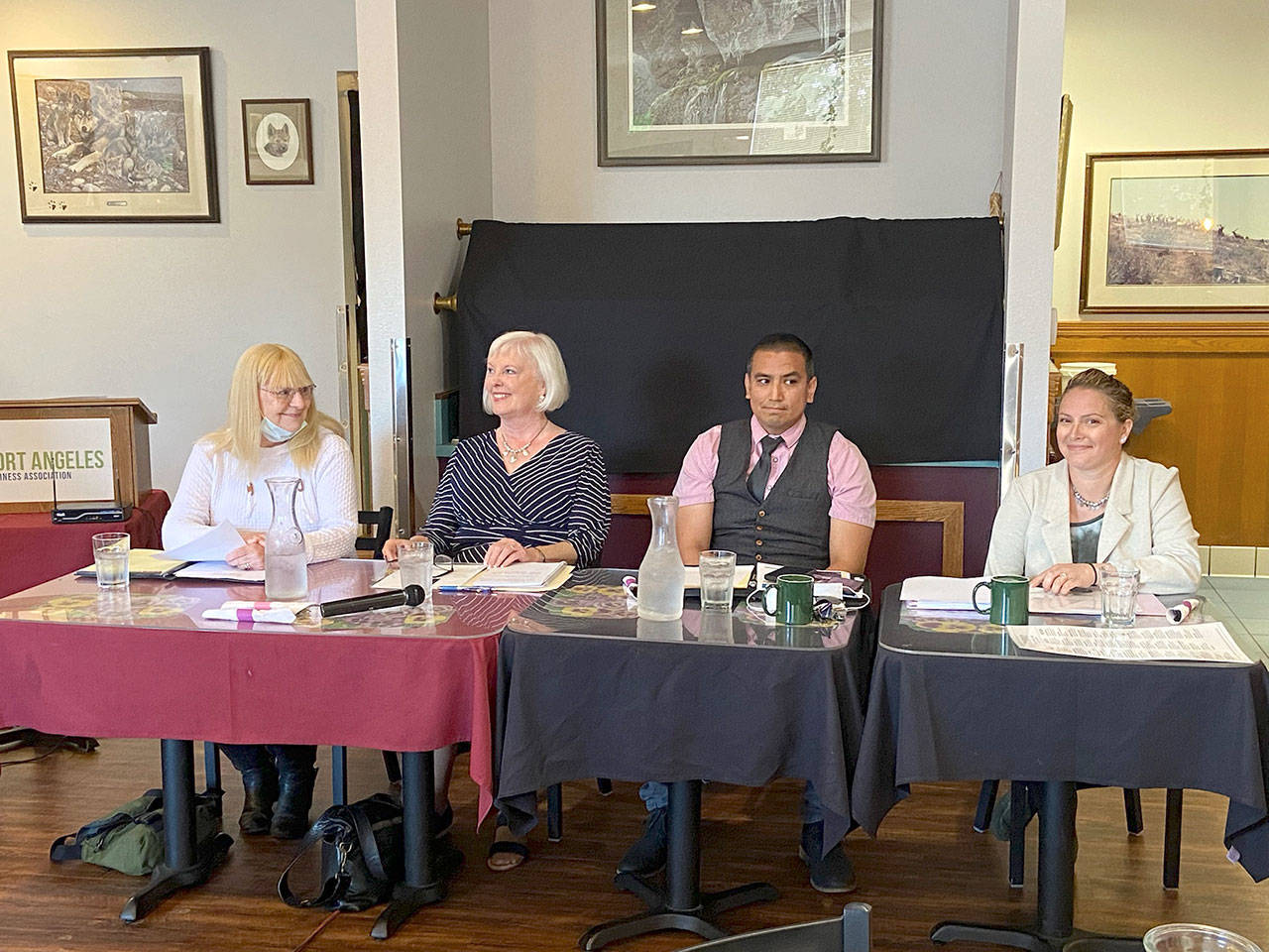Port Angeles School Board candidates, from left, Jean Stratton, Mary Hebert, Jesse Charles and Gabi Johnson prepare to debate at a Port Angeles Business Association breakfast meeting at Joshua’s Restaurant. (Rob Ollikainen/Peninsula Daily News)