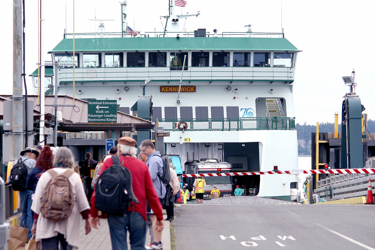 The Kennewick pulls into the Port Townsend dock Wednesday afternoon to wait for cars and walk-on passengers. The Port Townsend/Coupeville ferry route will continue to have one-boat service for the foreseeable future. (Zach Jablonski/Peninsula Daily News)