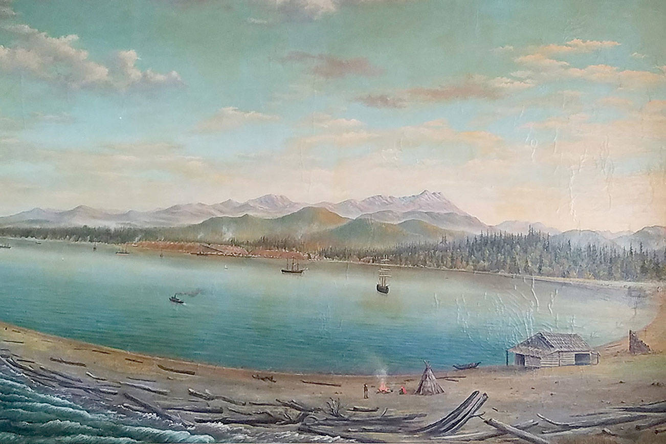 The painting of Port Angeles, its harbor and the Olympic Mountains by Count Johan Gustaf Kalling created for the 1893 World's Fair in Chicago. (Courtesy of North Olympic History Center)