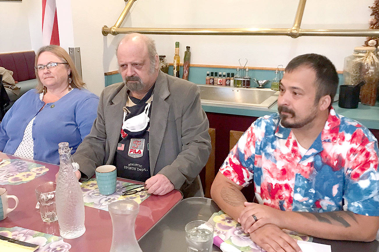 Paul Gottlieb/Peninsula Daily News
Port Angeles City Council candidates, left to right, LaTrisha Suggs, John DeBoer and Adam Garcia at a primary election forum Tuesday.