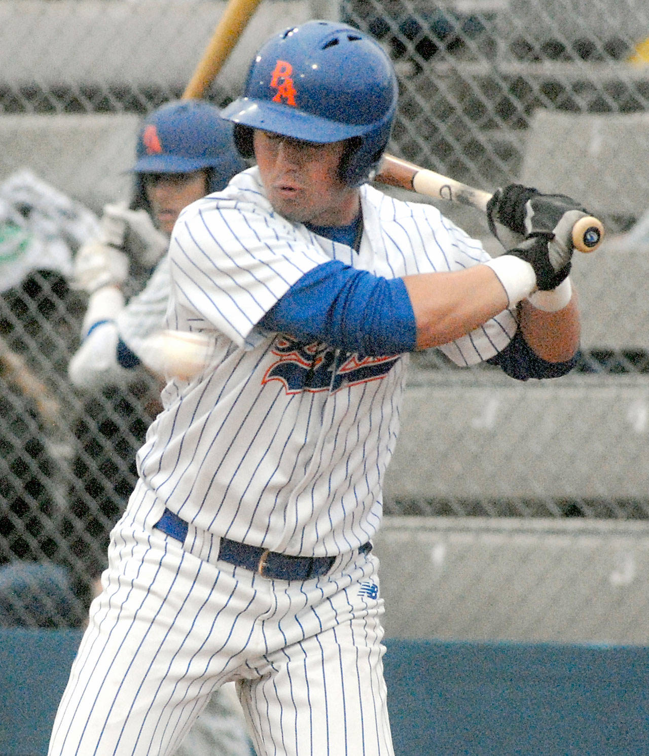Port Angeles native and Lefties outfielder Ethan Flodstrom watches a ball sail past him as he bats in the second inning against Walla Walla last week at Civic Field. (Keith Thorpe/Peninsula Daily News)