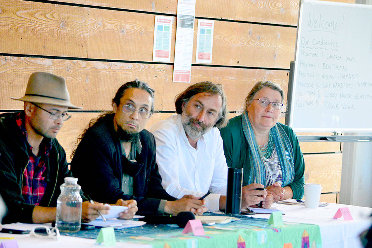 At a Housing Solutions Network forum last week, Port Townsend City Council hopefuls talked about where and how to provide more housing. From left are four of the six candidates: Cameron Jones, Tyler Vega, Ben Thomas and Libby Wennstrom. (Diane Urbani de la Paz/Peninsula Daily News)