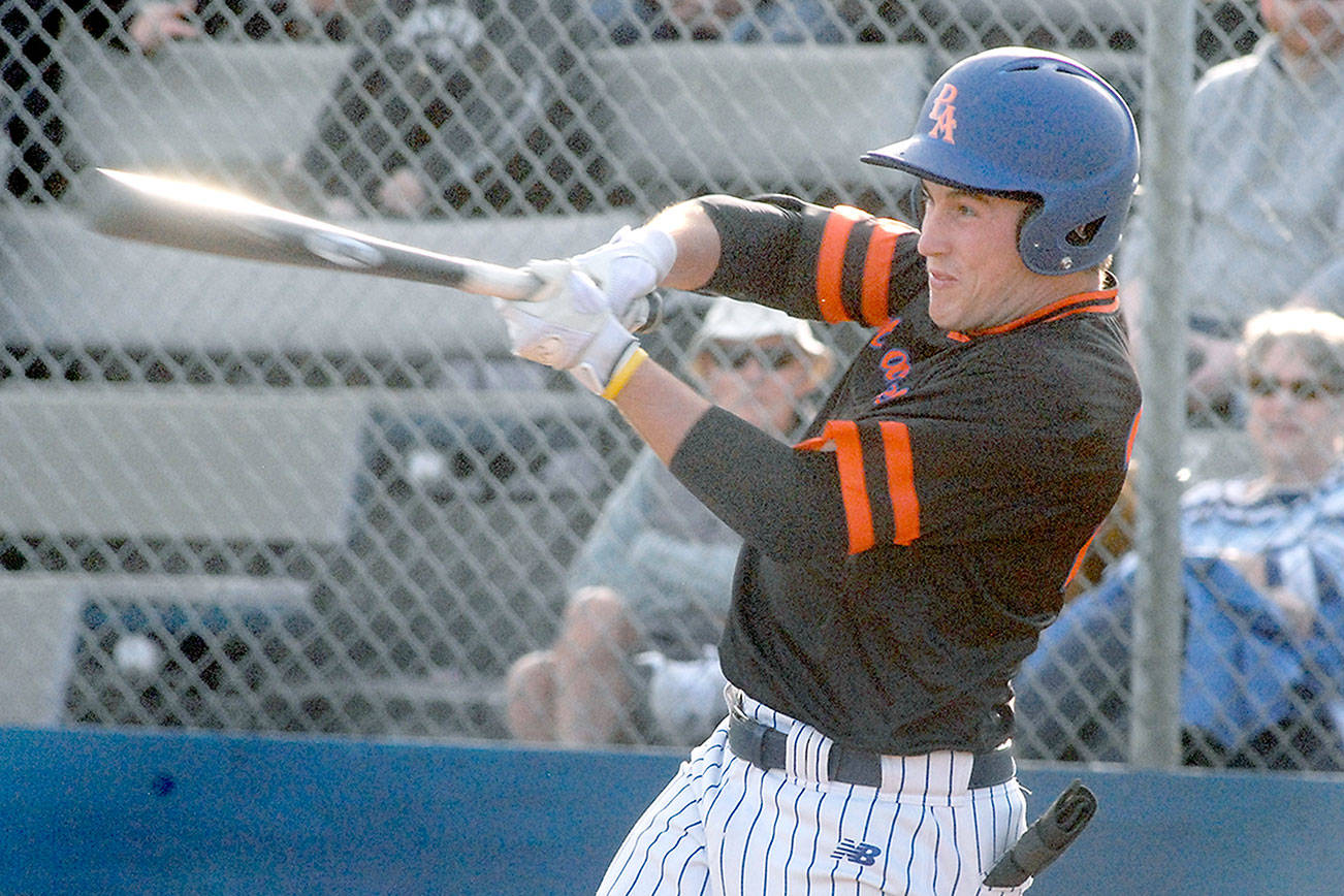 Keith Thorpe/Peninsula Daily News
Lefties designated hitter Luke Saunders bats against Ridgefield on Thursday evening at Port Angeles Civic Field.