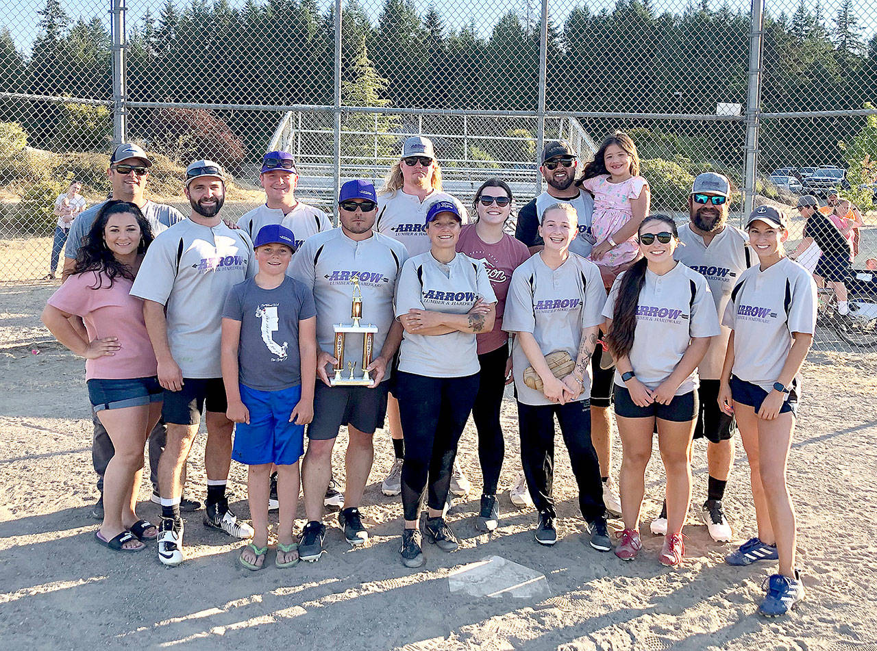 Team Arrow Lumber defeated Team Justice League last week to win the Jefferson County Adult Softball Tournament. Team Sirens took third place and team Barflies-Uptown Pub won the league’s team sportsmanship award. Team Arrow Lumber is, from left, front row: Christa Holbrook, Mikail Callahan, Jayden Minish, Jason Minish, Jamie Aumock, Mallori Cossell, Ryley Eldridge, Whitney Larson. From left, back row: Cadian Hendricks, Chad Holbrook, Ryan Riggle, Jadeah Nordberg, Marcus Moug, Adrienne Moug and Joel Aumock. (Photo courtesy of Jefferson Parks Parks and Recreation)