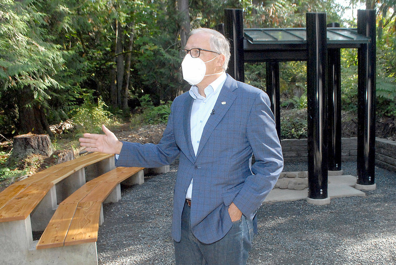 Gov. Jay Inslee speaks Friday following an appearance at the Peninsula College campus in Port Angeles (Keith Thorpe/Peninsula Daily News)