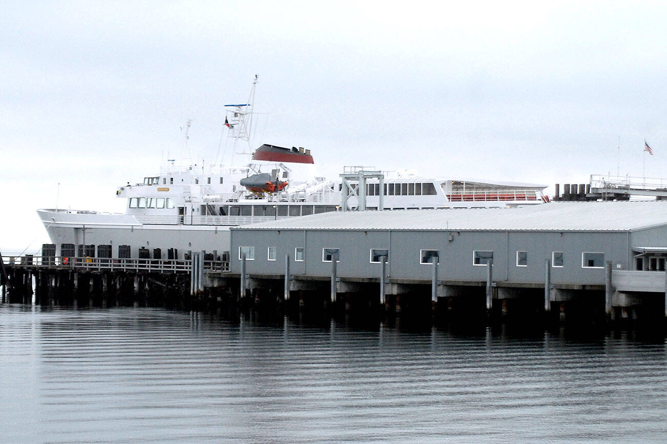 The ferry MV Coho sits at its Port Angeles dock on Tuesday, waiting for the opportunity to resume service to Victoria. (Keith Thorpe/Peninsula Daily News)