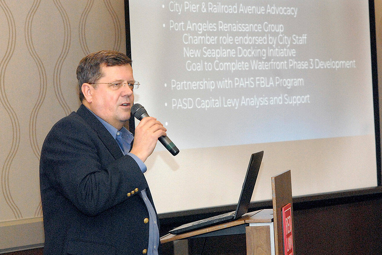 Marc Abshire, executive director of the Port Angeles Regional Chamber of Commerce, delivers a State of the Chamber address in January 2020. (Keith Thorpe/Peninsula Daily News)
